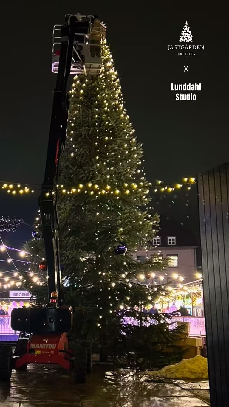 Stort juletræ på 12 meter opsættes ved Copenhagen Street Food på Reffen i København af Jagtgården Juletræer